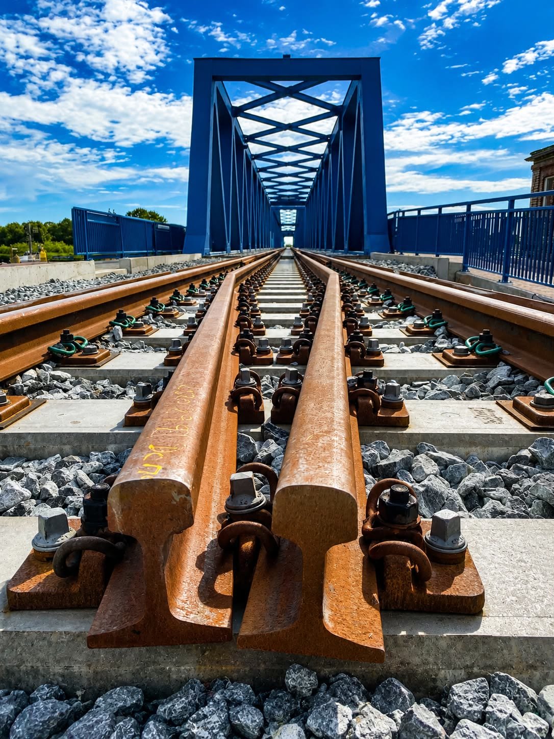 埃姆斯河上 Friesenbrücke 新铺设的轨道，背景为蓝色钢桁架上部结构